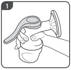 Los pasos 1 y 2 muestran el extractor de leche sostenido hacia la derecha y colocado sobre el pecho.