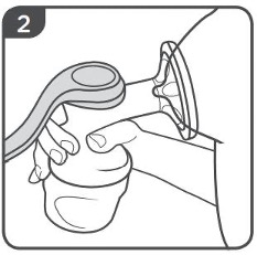 Los pasos 1 y 2 muestran el extractor de leche sostenido hacia la derecha y colocado sobre el pecho.